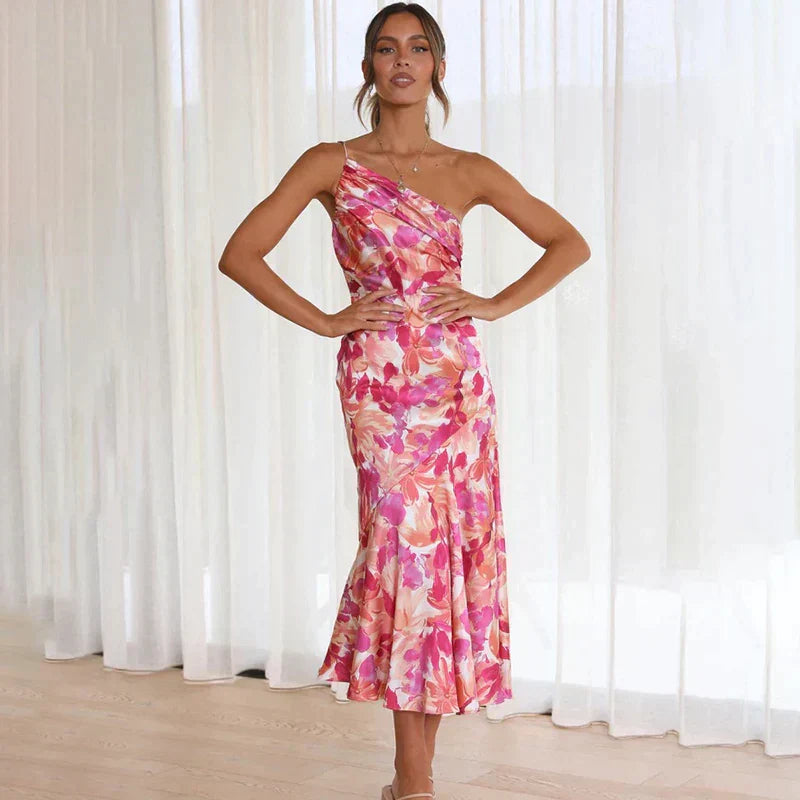 Women's One-Shoulder Elegant Midi Dress - Leah