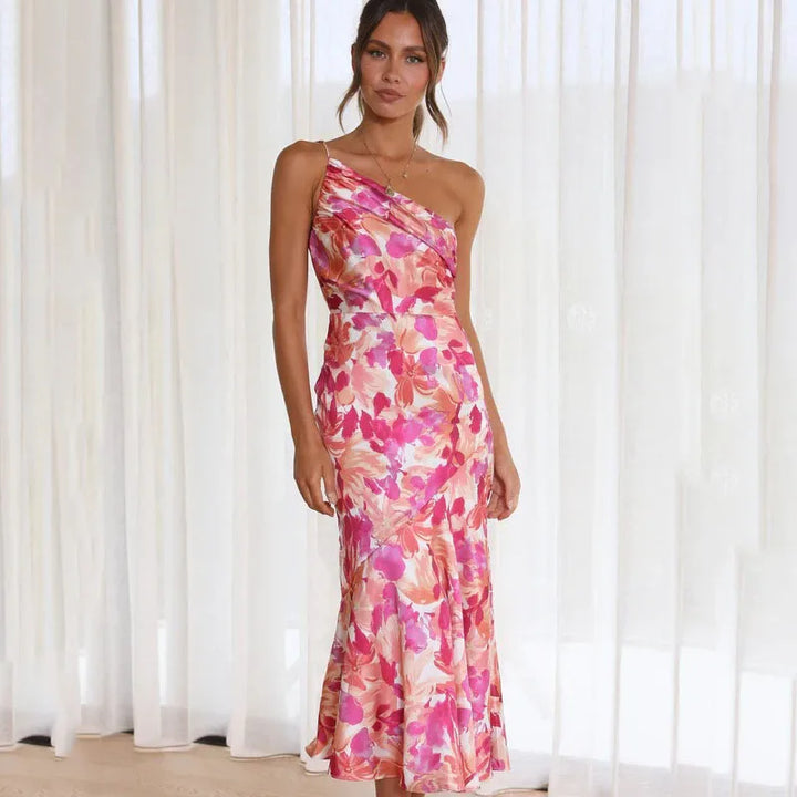 Women's One-Shoulder Elegant Midi Dress - Leah