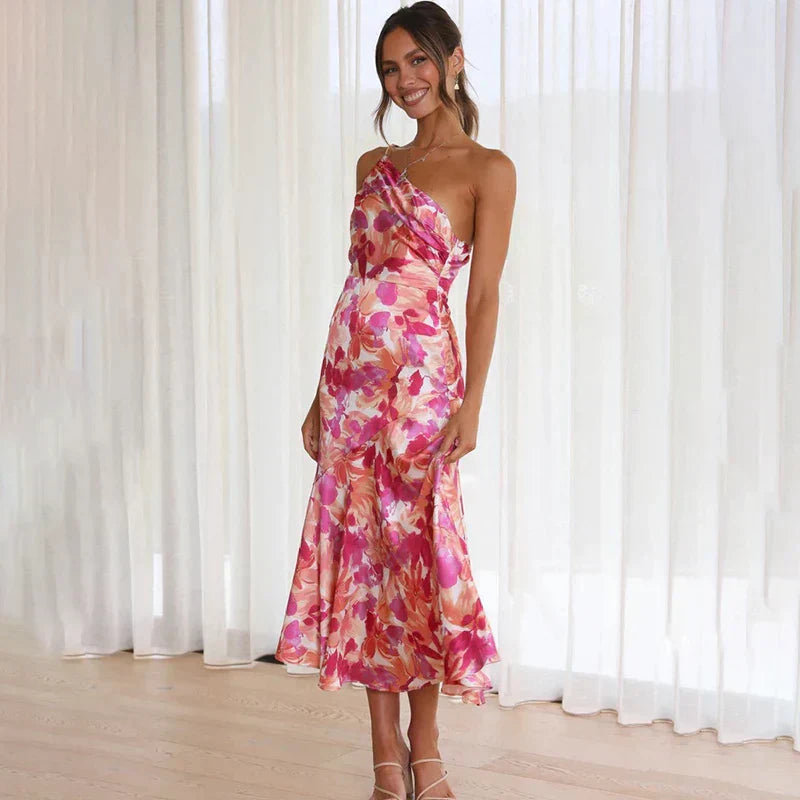 Women's One-Shoulder Elegant Midi Dress - Leah