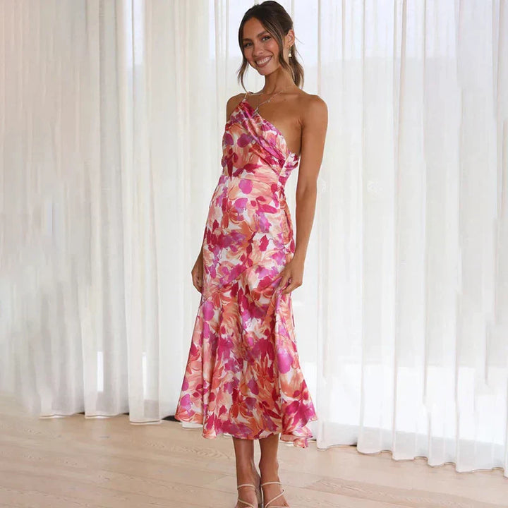 Women's One-Shoulder Elegant Midi Dress - Leah