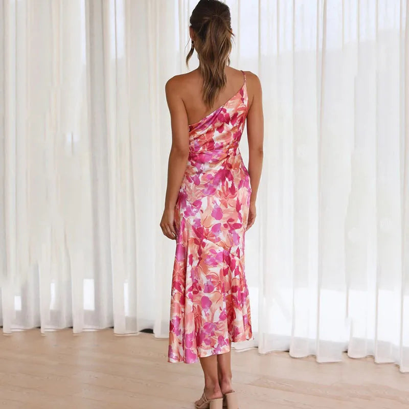 Women's One-Shoulder Elegant Midi Dress - Leah