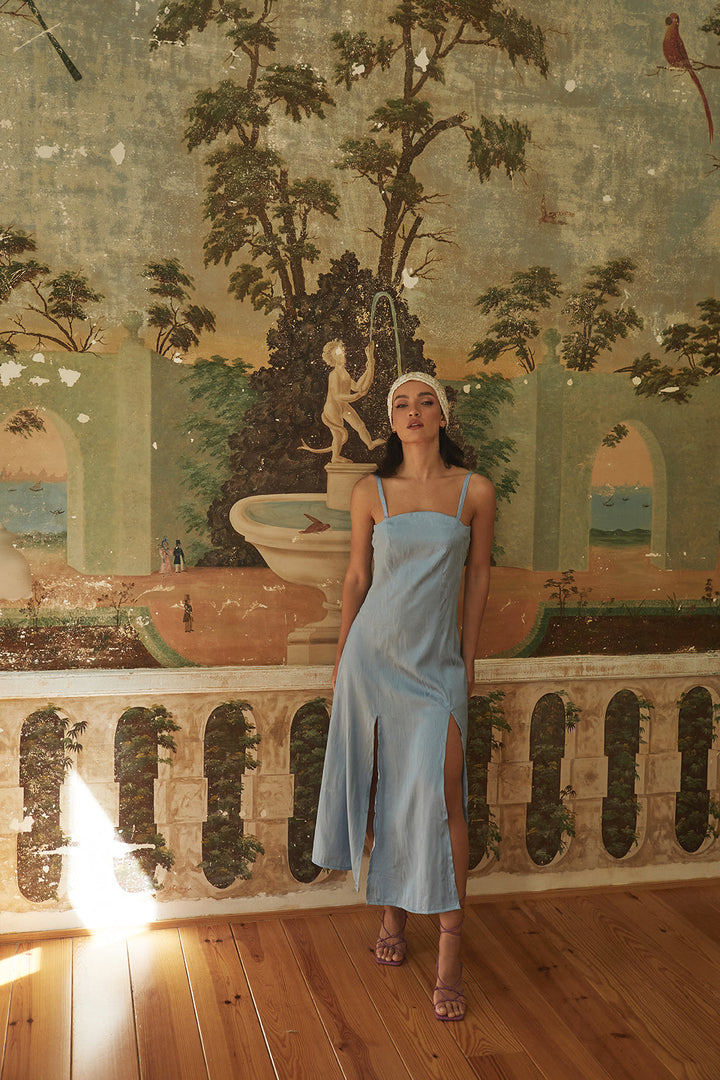 Women’s Elegant Blue Spaghetti Strap Maxi Dress - Amelia