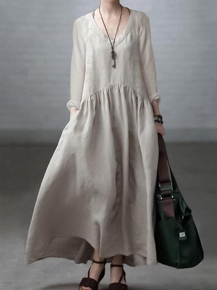 Simple and Loose V-neck Cotton and Linen Dress - Vera