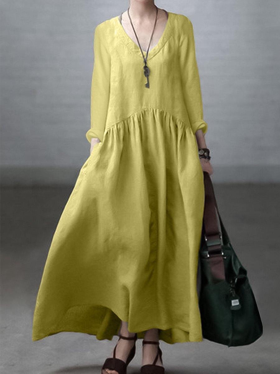 Simple and Loose V-neck Cotton and Linen Dress - Vera