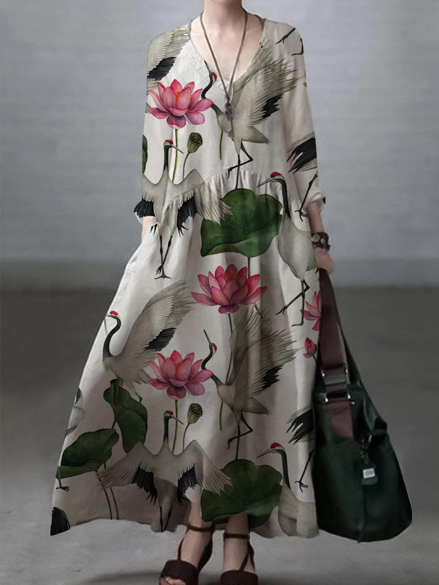 Simple and Loose V-neck Cotton and Linen Dress - Vera