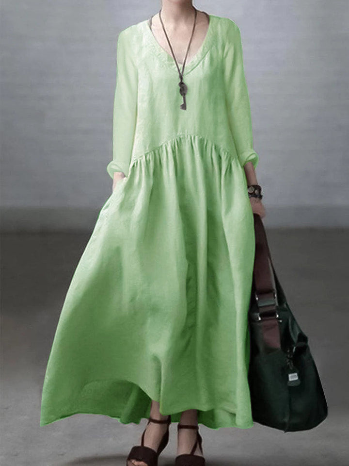 Simple and Loose V-neck Cotton and Linen Dress - Vera