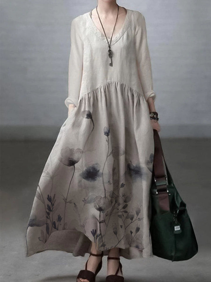 Simple and Loose V-neck Cotton and Linen Dress - Vera
