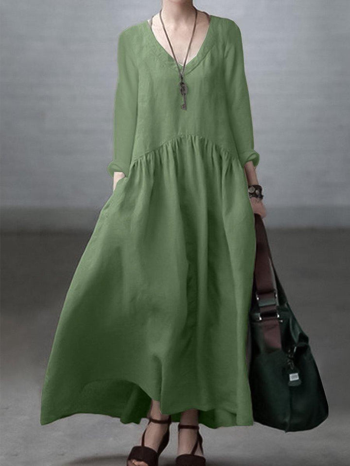 Simple and Loose V-neck Cotton and Linen Dress - Vera