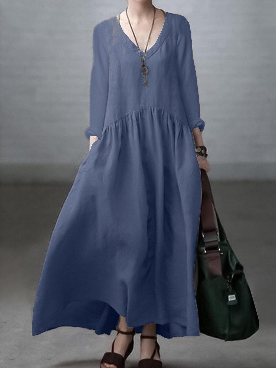 Simple and Loose V-neck Cotton and Linen Dress - Vera
