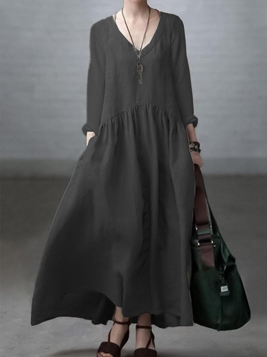 Simple and Loose V-neck Cotton and Linen Dress - Vera