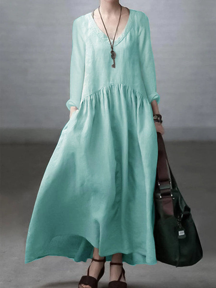 Simple and Loose V-neck Cotton and Linen Dress - Vera