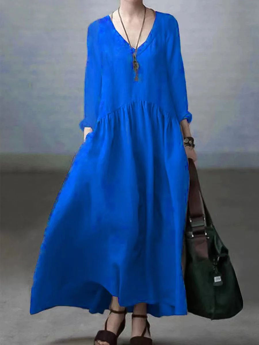 Simple and Loose V-neck Cotton and Linen Dress - Vera