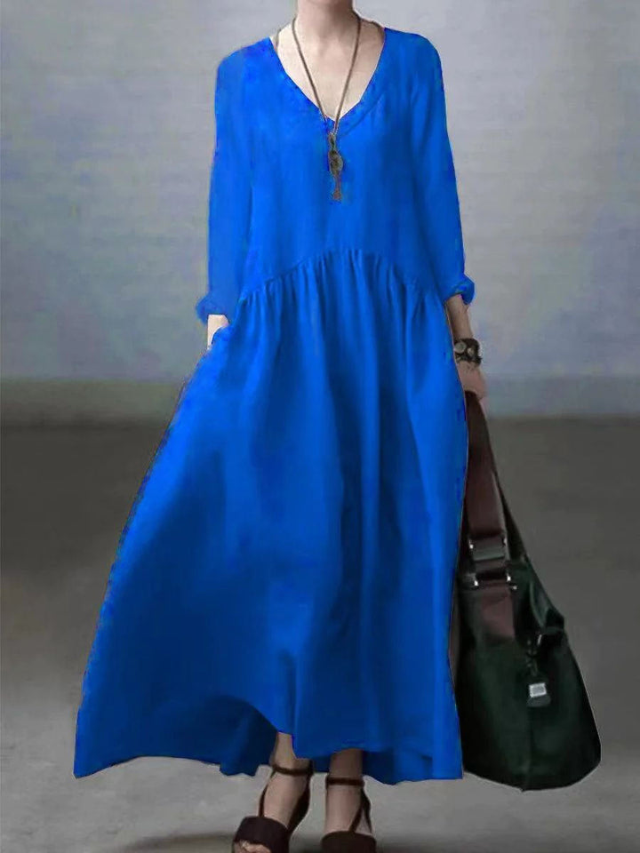 Simple and Loose V-neck Cotton and Linen Dress - Vera