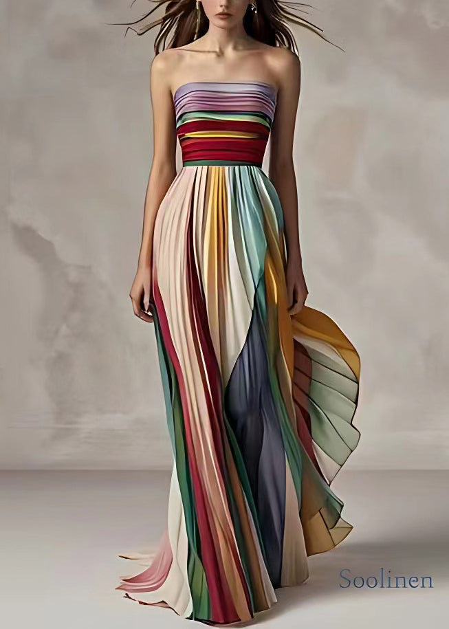Slim Fit Striped Cold Shoulder Wrinkled Long Dress Sleeveless - Millie