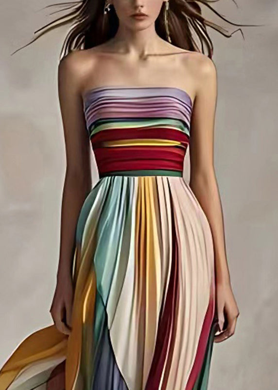 Slim Fit Striped Cold Shoulder Wrinkled Long Dress Sleeveless - Millie