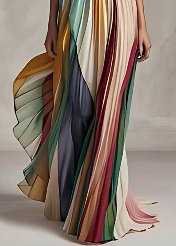 Slim Fit Striped Cold Shoulder Wrinkled Long Dress Sleeveless - Millie