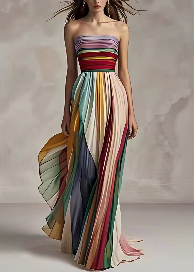 Slim Fit Striped Cold Shoulder Wrinkled Long Dress Sleeveless - Millie