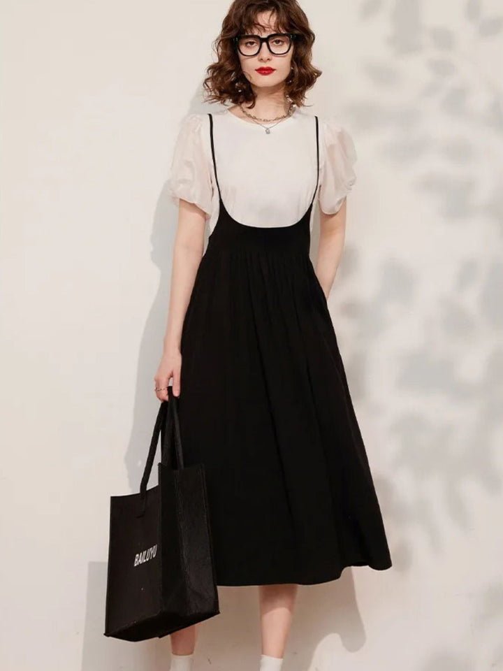 Suspender Dress Set with Puff Sleeve Blouse - Coralie