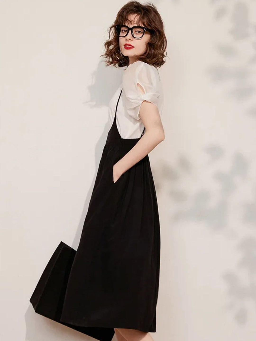 Suspender Dress Set with Puff Sleeve Blouse - Coralie
