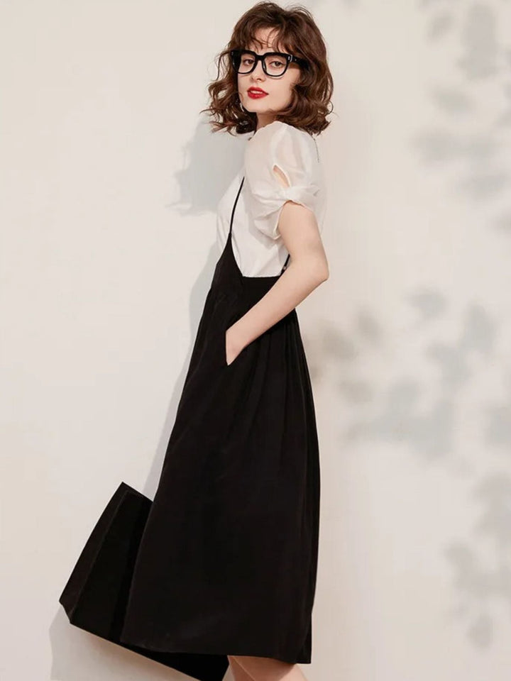 Suspender Dress Set with Puff Sleeve Blouse - Coralie
