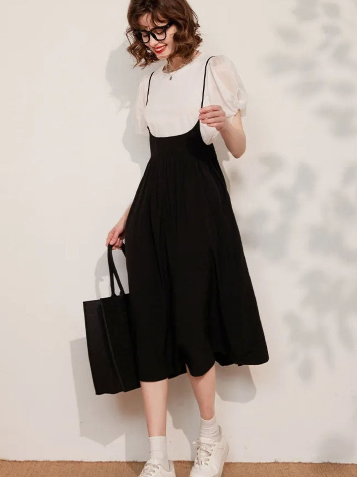 Suspender Dress Set with Puff Sleeve Blouse - Coralie