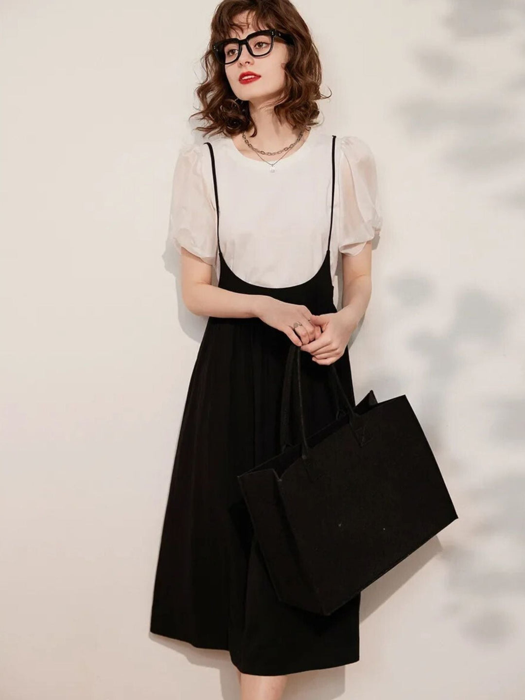 Suspender Dress Set with Puff Sleeve Blouse - Coralie