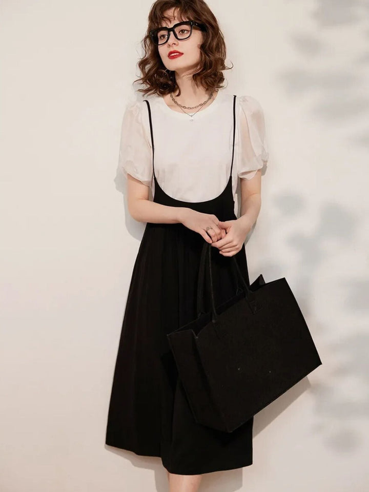Suspender Dress Set with Puff Sleeve Blouse - Coralie