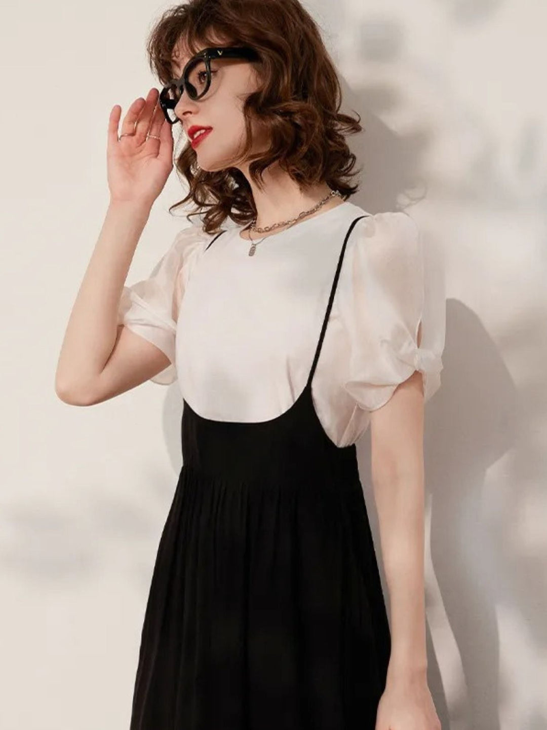 Suspender Dress Set with Puff Sleeve Blouse - Coralie