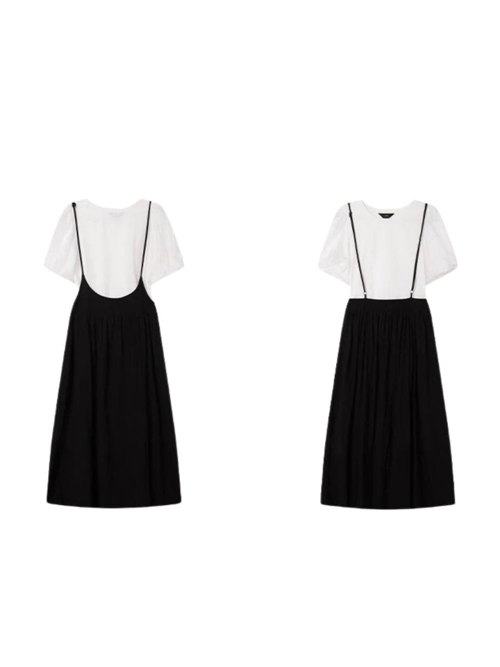 Suspender Dress Set with Puff Sleeve Blouse - Coralie