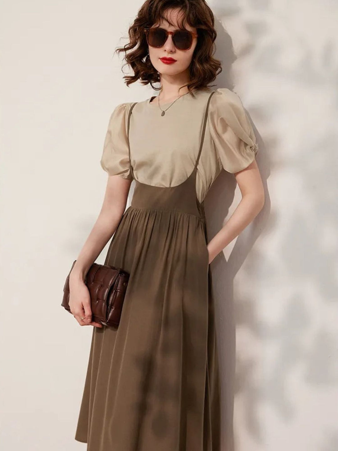 Suspender Dress Set with Puff Sleeve Blouse - Coralie