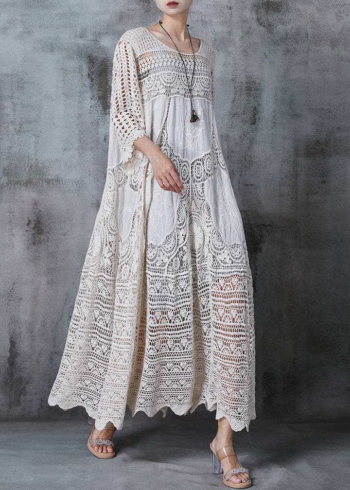 Women White Oversized Hollow Out Lace Long Dress Summer - Zara