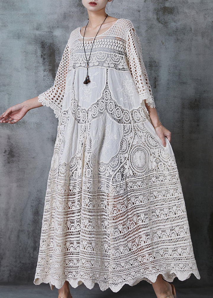 Women White Oversized Hollow Out Lace Long Dress Summer - Zara