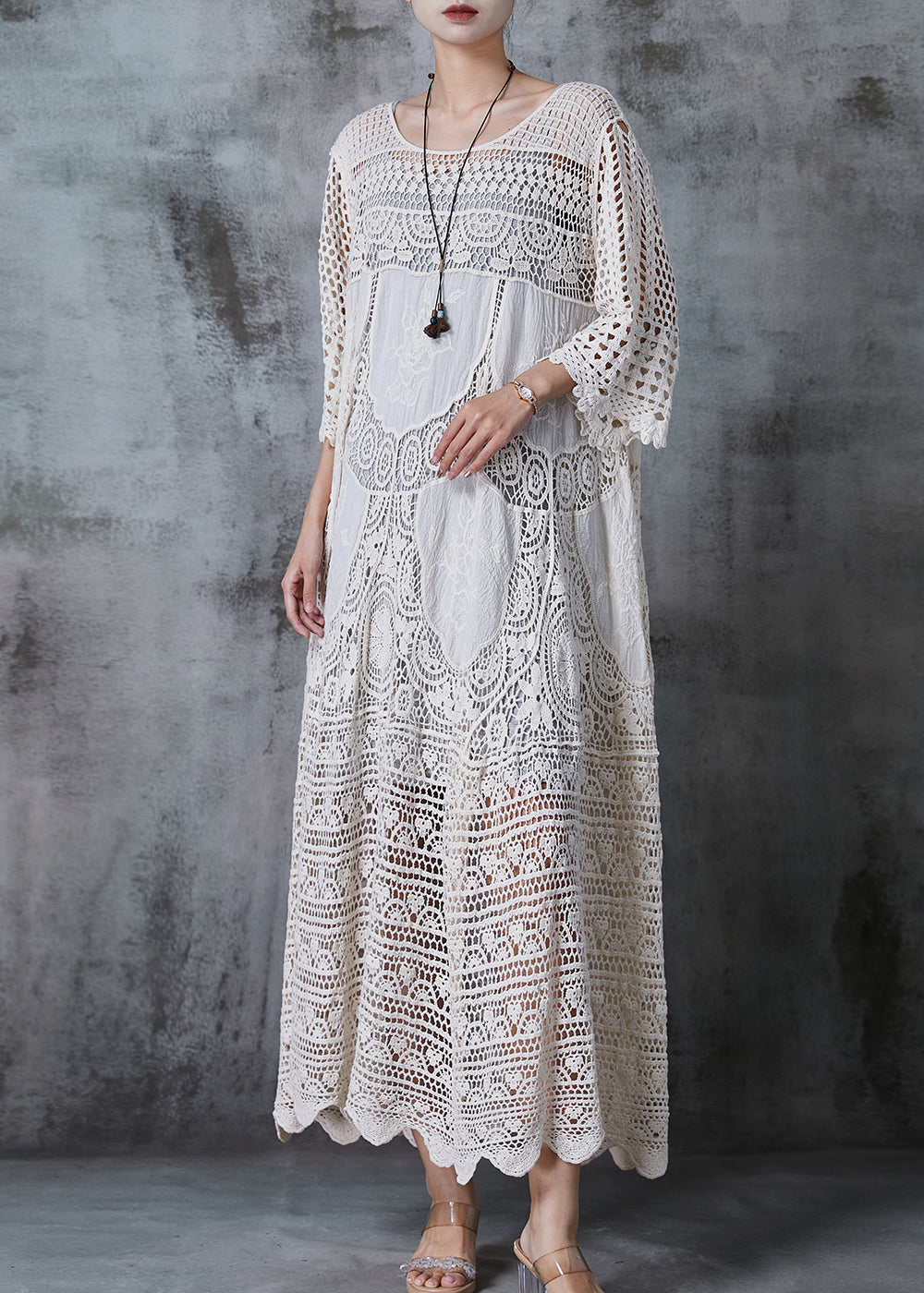 Women White Oversized Hollow Out Lace Long Dress Summer - Zara