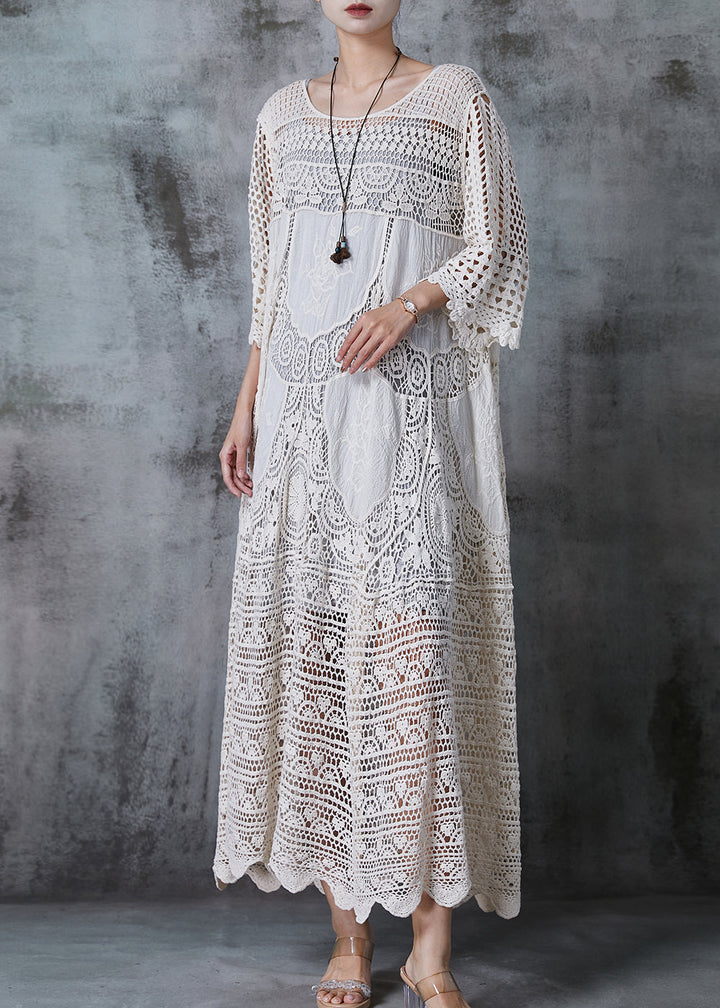 Women White Oversized Hollow Out Lace Long Dress Summer - Zara