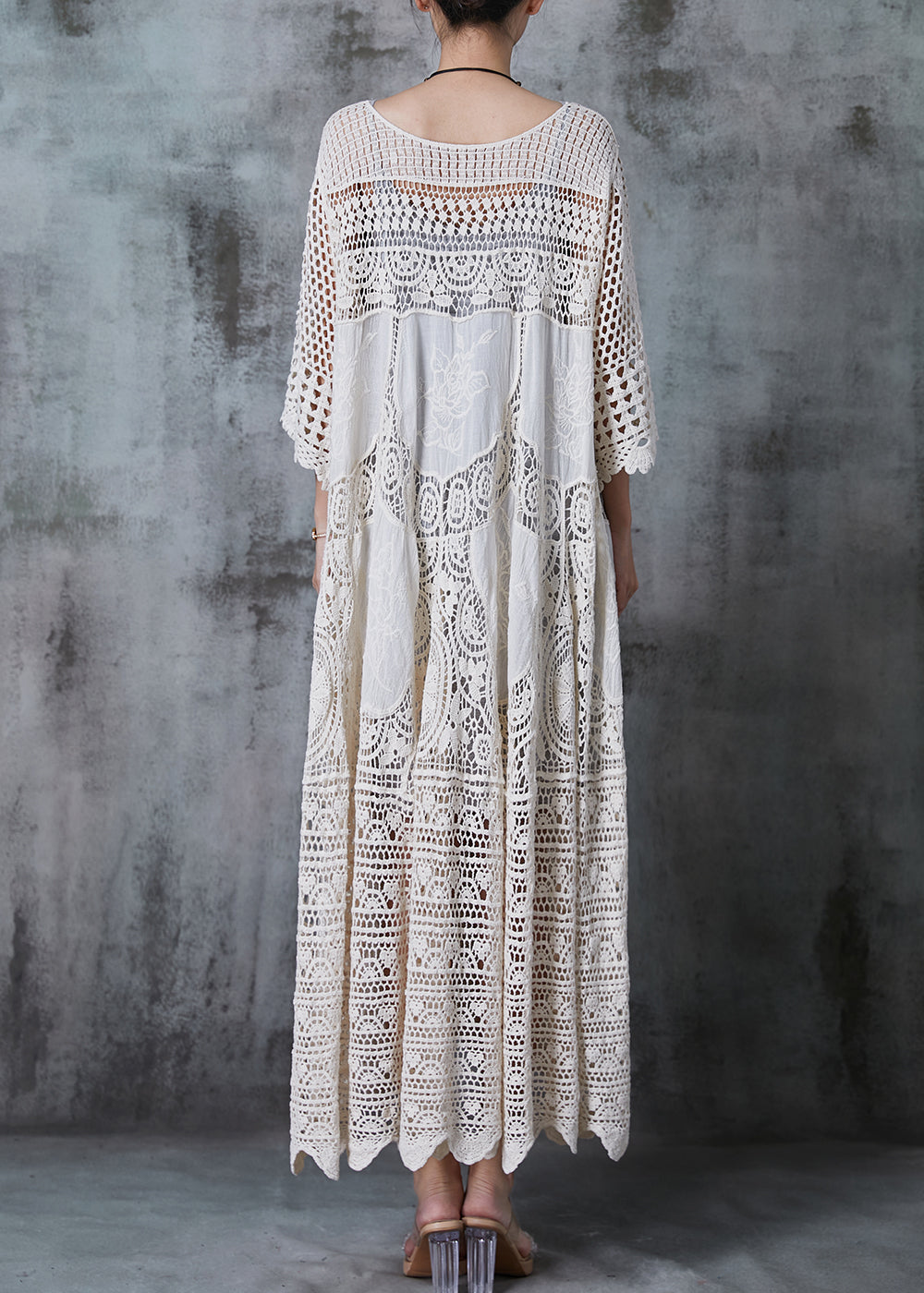 Women White Oversized Hollow Out Lace Long Dress Summer - Zara