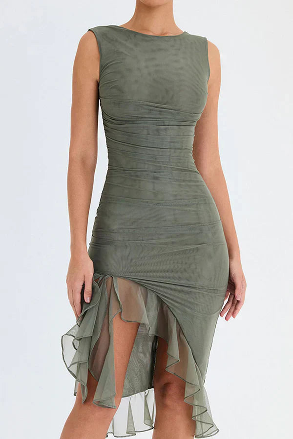 Variant image for Women’s Ruffled Midi Dress Elegant Boat Neckline - Vivienne-13
