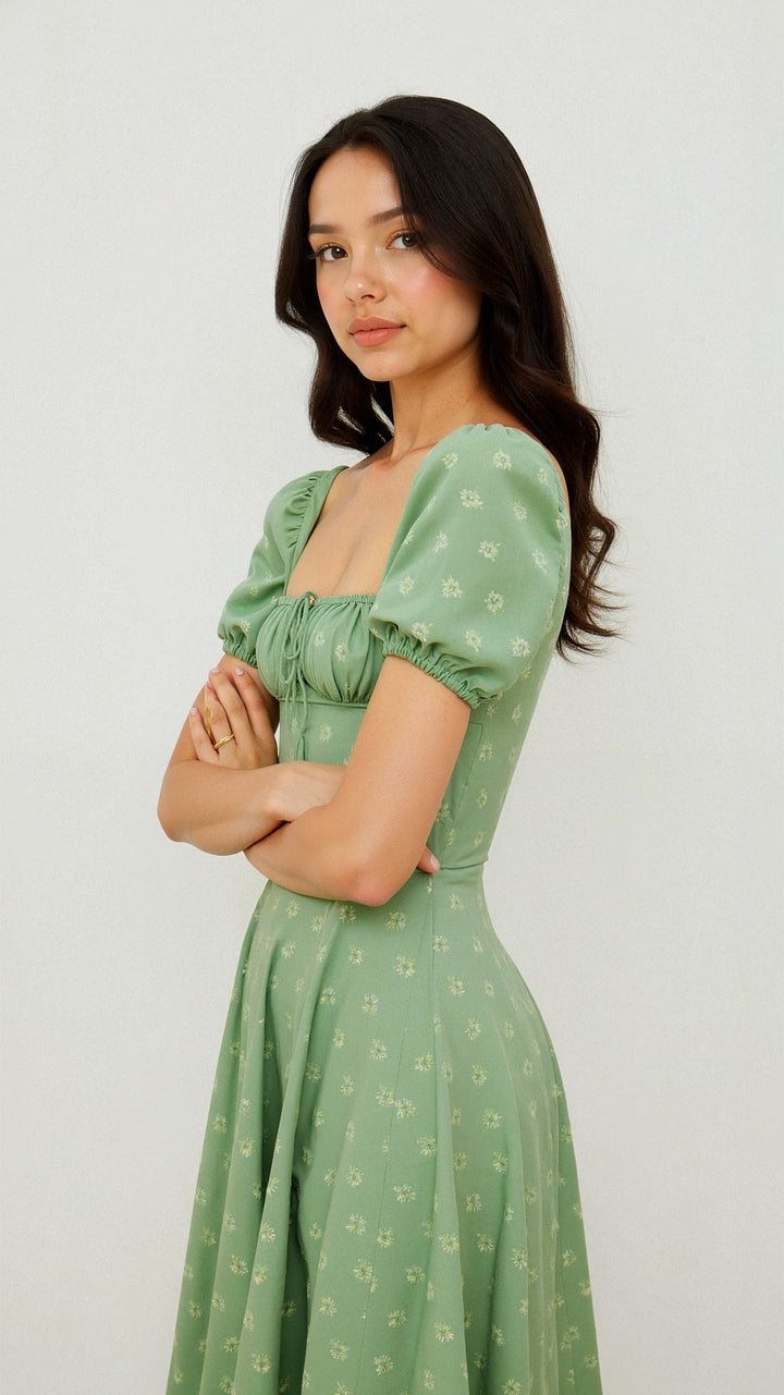 Women’s Midi Dress Elegant Square Neckline - Daniela