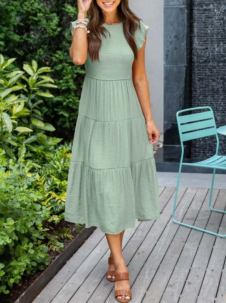 Variant image for Women’s White Maxi Dress Gathered Bust Design with Butterfly Sleeves - Leana-17