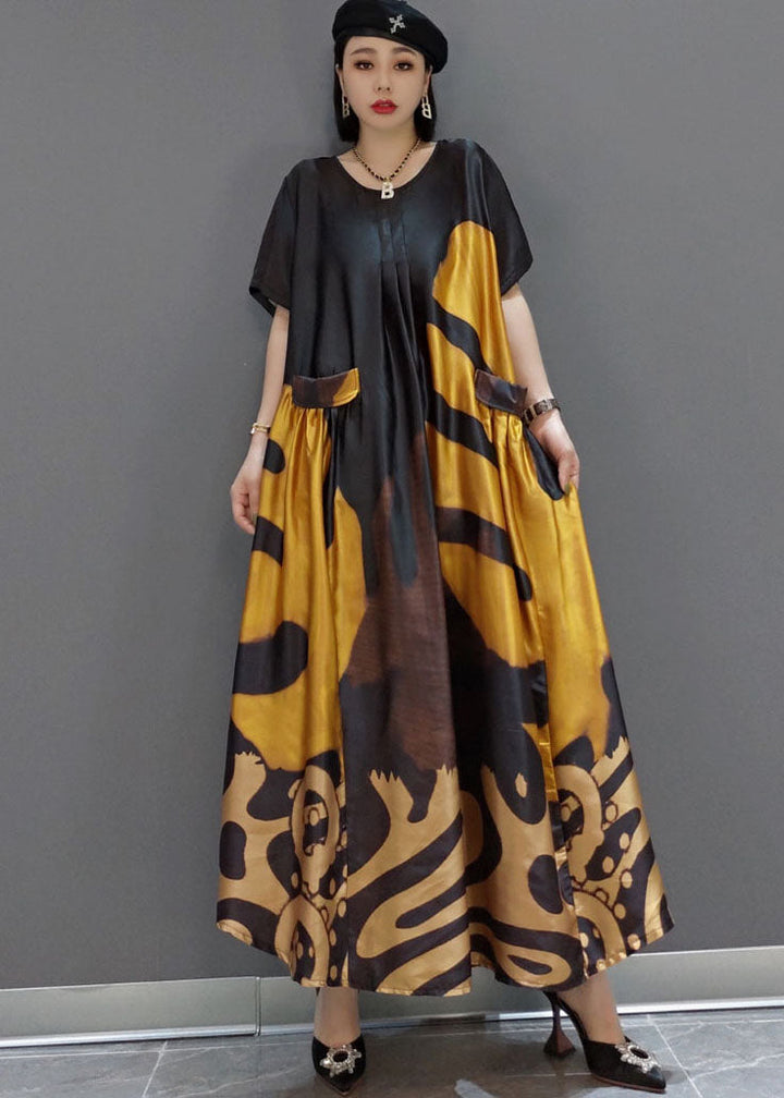 Loose O-Neck Print Satin Maxi Dress Summer - Luna