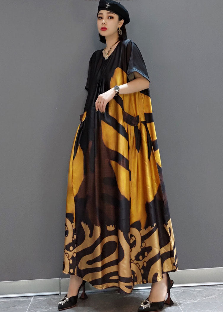 Loose O-Neck Print Satin Maxi Dress Summer - Luna