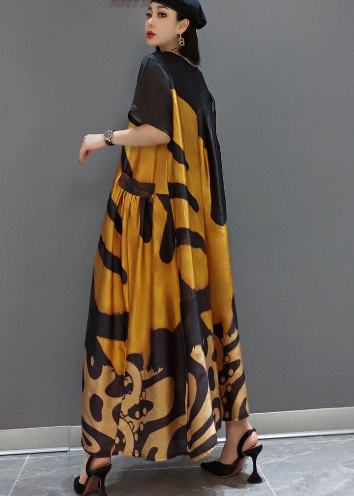 Loose O-Neck Print Satin Maxi Dress Summer - Luna