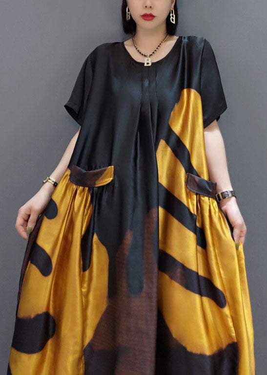 Loose O-Neck Print Satin Maxi Dress Summer - Luna