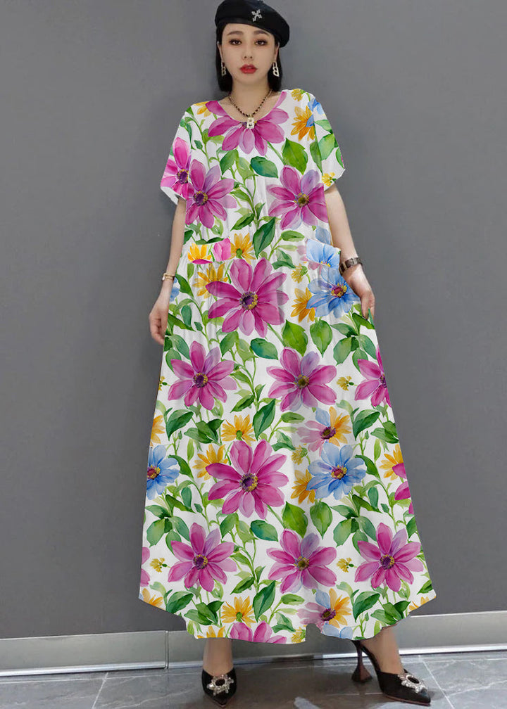 Loose O-Neck Print Satin Maxi Dress Summer - Luna