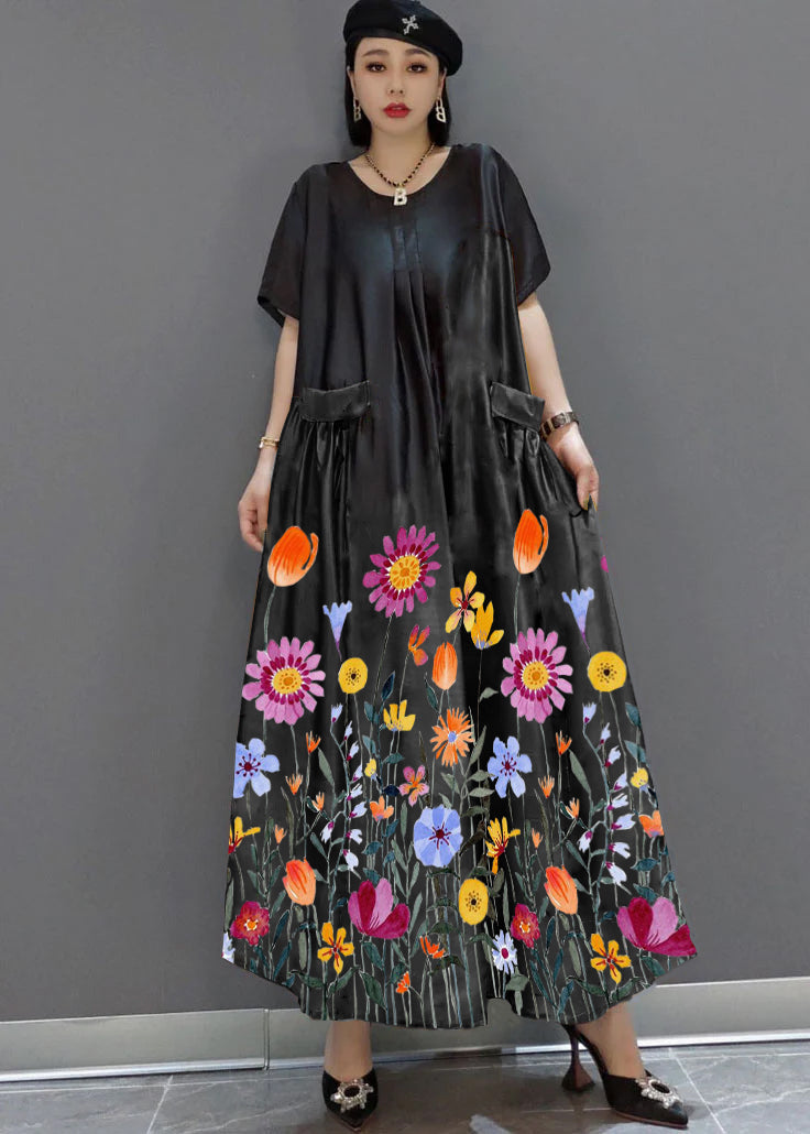 Loose O-Neck Print Satin Maxi Dress Summer - Luna