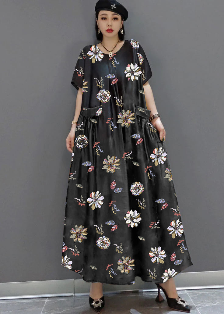 Loose O-Neck Print Satin Maxi Dress Summer - Luna