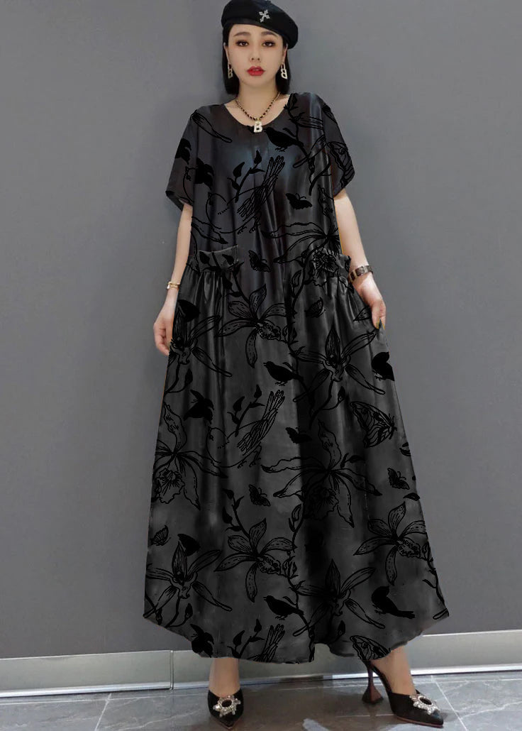Loose O-Neck Print Satin Maxi Dress Summer - Luna